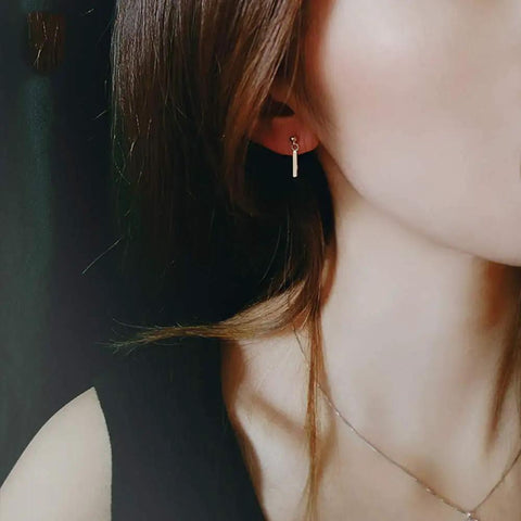 Sterling Silver Bar Dangle Stud Earrings For Women And Girls, Minimalist Chic Tiny Ball Bead Earrings on ear