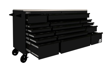 72 Inch Roller Cabinet With Stainless Steel Top RS Pro Workstation Midnight Black Heavy Duty Tool Chest On Wheels For Garage Or Workshop With Ample Drawer Space And Durable Steel Build