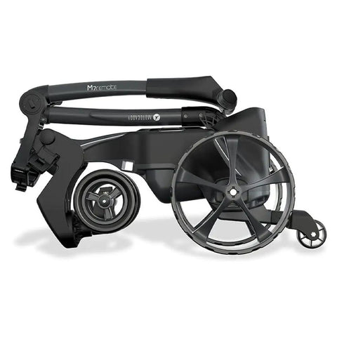 M7 Remote Electric Golf Caddy With Hands Free Remote Control All Terrain Ready Auto Downhill Control Long Lasting Battery Accessories Included Black Finish, folded view