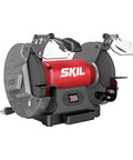 Heavy Duty Eight Inch Bench Grinder Equipped With A Kickass Three Point Zero Amp Motor And Bright Led Work Light Paired With Nifty Water Cooling Tray For Effortless Metal Sharpening Tasks, showing compact design with protective shields.
