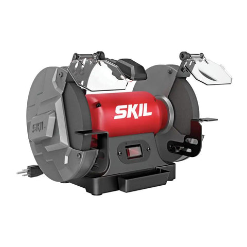 Heavy Duty Eight Inch Bench Grinder Equipped With A Kickass Three Point Zero Amp Motor And Bright Led Work Light Paired With Nifty Water Cooling Tray For Effortless Metal Sharpening Tasks, showing compact design with protective shields.