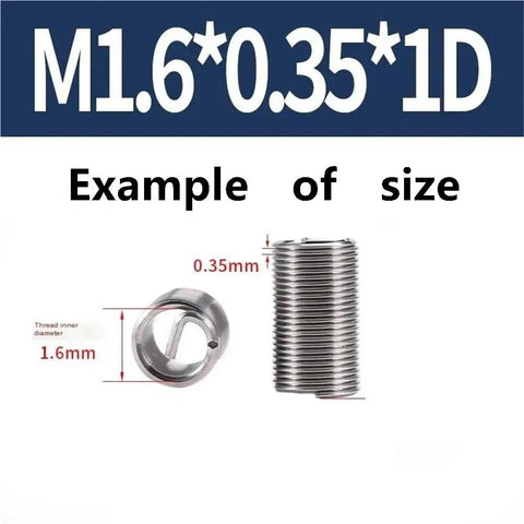 Pro Grade Stainless Steel Helical Thread Repair Insert Kit with Multiple Sizes, M1.6*0.35*1D size example, secure grip