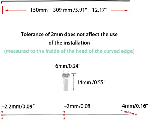 Dimensions and tolerance details of 36 Pack 14G J Bend Bicycle Spokes With Brass Nipples Black Steel Universal Fit For MTB Ebike Mountain Road City Bikes And Electric 700C Wheels Lightweight Spoke Set