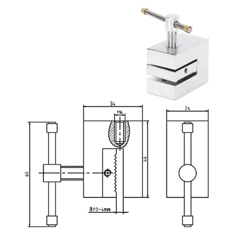 Beefy 500N Tensile Tester Clamp With Stainless Steel Build And 4mm Single Tooth Grip For Cables Electrical Components And Plastic Films Push Pull Force Fixture For Lab Testing, shown with dimensions