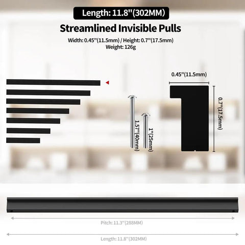 Dimensions and specs of Five Pack 320mm Center To Center Tilted Black Cabinet Handle Aluminum Alloy L Rectangle Pull.