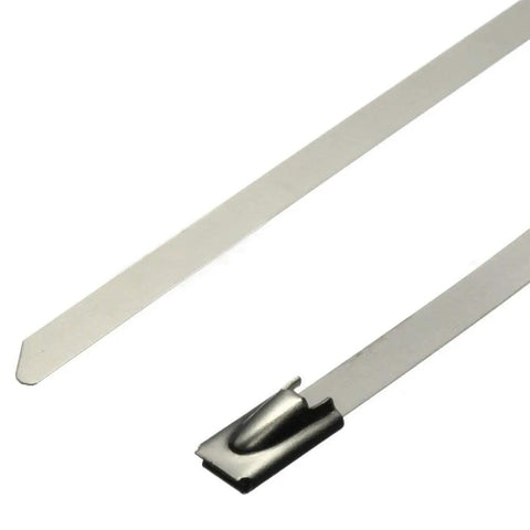 Heavy Duty Stainless Steel Cable Tie Kit With Two Hundred Pcs Four Point Six By Three Hundred Millimeter Ties Plus Cable Gun Self Locking Metal Zip Ties Tool Set For Fast Secure Cable Management In Home Auto And Workshop, close-up of stainless steel tie and locking mechanism.