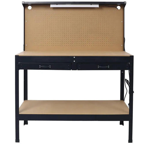 Rugged Steel Garage Workbench With Pegboard Drawers Tool Hooks And Storage Organizer LED Light Four AC Outlets Two USB Ports Pro Grade Worktable