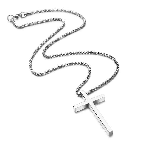 Dope Silver Stainless Steel Cross Necklace For Men, 20 Inch Box Chain Pendant, Hypoallergenic And Lead Free, Durable Christian Jewelry Gift