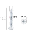 30 Pack 1/4 X 1-3/4 Inch White Flat Head Concrete Screws Professional Carbon Steel Masonry Anchors detailed view with measurements.