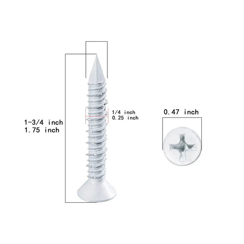 30 Pack 1/4 X 1-3/4 Inch White Flat Head Concrete Screws Professional Carbon Steel Masonry Anchors detailed view with measurements.