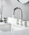 Two Handles Three Hole Hexagonal High Arch Polished Chrome Widespread Bathroom Faucet With Stainless Steel Pop Up Drain 8 Inch Center Set Slick Modern Contemporary Design NS-WF001-6-C installed on a white sink