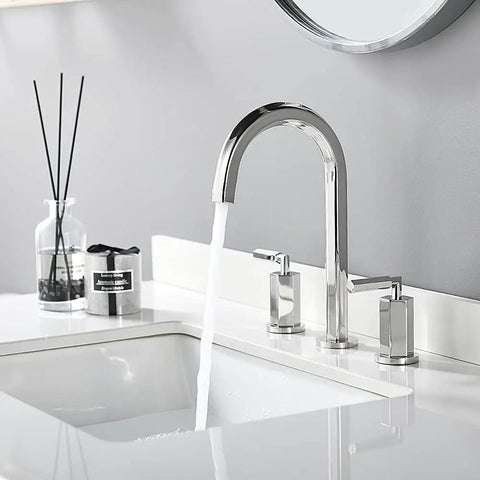 Two Handles Three Hole Hexagonal High Arch Polished Chrome Widespread Bathroom Faucet With Stainless Steel Pop Up Drain 8 Inch Center Set Slick Modern Contemporary Design NS-WF001-6-C installed on a white sink