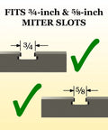 Fits 3/4-inch & 5/8-inch miter slots illustration for Badass Table Saw Safety Kit Featuring A Spiral Featherboard Paired With A Rock Solid Miter Clamp Built For Contractor Saws And Hassle Free One Handed Woodworking Adjustments Daily.