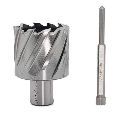 Oscarbide annular cutter, 1-11/16 in dia, 1 in DOC, 3/4 in Weldon shank; mag drill bit with pilot pin, 2-piece set.