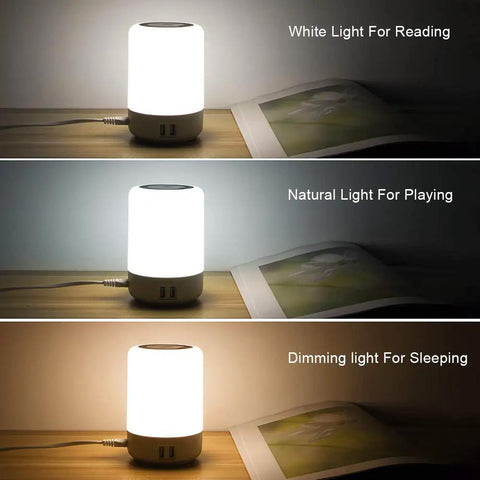 Touch Night Light Table Lamp With 4 USB Ports, Dimmable Warm White And 13 RGB Colors in three lighting settings