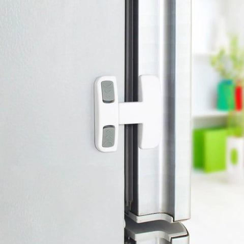 Kidproof Fridge Lock For Cabinets And Drawers Anti Pinch Plastic Strap Latch installed on grey fridge door