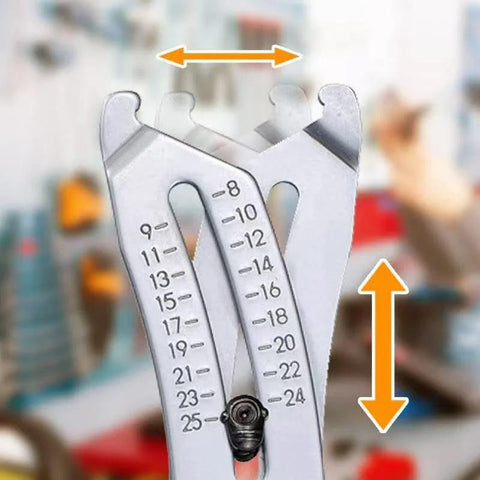 Bolt size finder keychain gauge, front view, metal with dual metric/imperial scales, Amazon brand