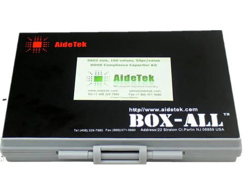 Black case labeled '0603 SMD Capacitor Kit With 101 Values In Compact Enclosure 50 Pc Per Value 5050 Total Pieces Includes Free Tweezers'