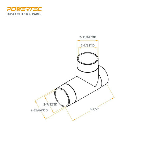 Diagram of 2-1/2 Inch Dust Collection T-Fitting Hose Adapter For Dual Hose Hookup With Airtight Seal showing dimensions and layout.