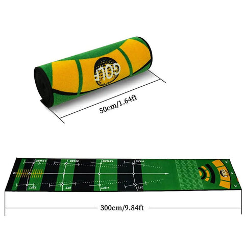 Rolled and unfolded Ten Foot By Twenty Inch Golf Putting Green Mat with Multi Distance Markers and Anti Slip Backing.