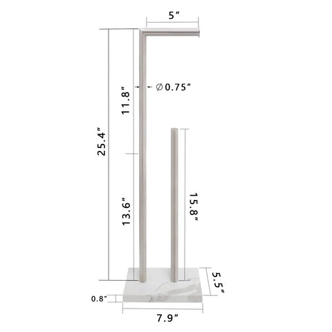 Dimensions of Free Standing Toilet Paper Holder With Reserve, Heavy Marble Base Keeps It Steady No Wobble, Durable 304 Stainless Steel Brushed Nickel Finish