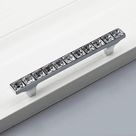 Front view of a Crystal Glass Rhinestone Cabinet Pull with shiny dresser knob handle for cupboard, 3.8 inch hole center size.
