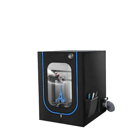Durable 3D Printer Enclosure With LED Light Built In Thermometer And Ventilation Kit Fire Resistant And Dustproof Insulated Design For Stable Temps And Easy Printing Monitoring, showing black enclosure with window and tools.