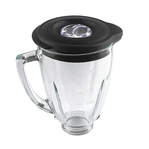 6 Cup Glass Jar With Blade Replacement Part Kit For Oster Blenders Includes Lid Gasket Bottom Cap And 6 Fin Blade Fits Most Standard Oster Models Not Pro Master Versa, showing glass jar and lid