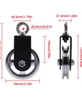 360 Degree Rotating Pulley Block For DIY Home Gym Cable System, front and side view with measurements, heavy duty red