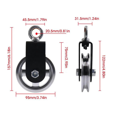 360 Degree Rotating Pulley Block For DIY Home Gym Cable System, front and side view with measurements, heavy duty red