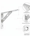 Stainless Steel Wall Shelf Bracket For Kitchen Bath And Garage Storage, Heavy Duty L Shaped Support, Silver Finish with welds and holes close-up