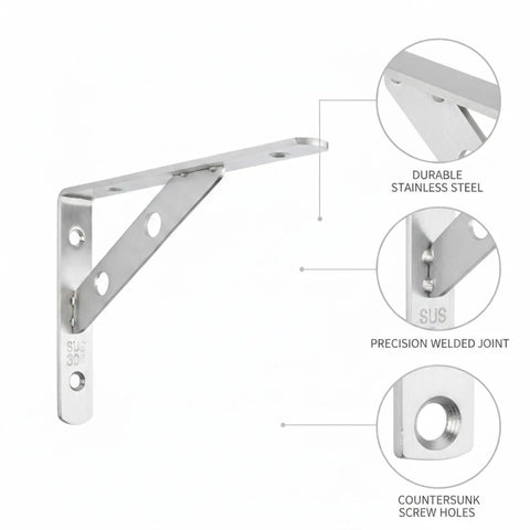 Stainless Steel Wall Shelf Bracket For Kitchen Bath And Garage Storage, Heavy Duty L Shaped Support, Silver Finish with welds and holes close-up