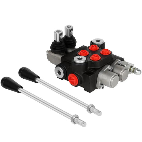 Beefy Hydraulic Flow Control Valve With Two Spools, 11 GPM, G Port Inlets, Adjustable Relief, Lever Handle shown with components