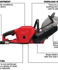 Compatible With Milwaukee M18 Fuel 18V 9 Inch Cut Off Saw side view showing battery compartment, hose quick connect, and adjustable blade guard.