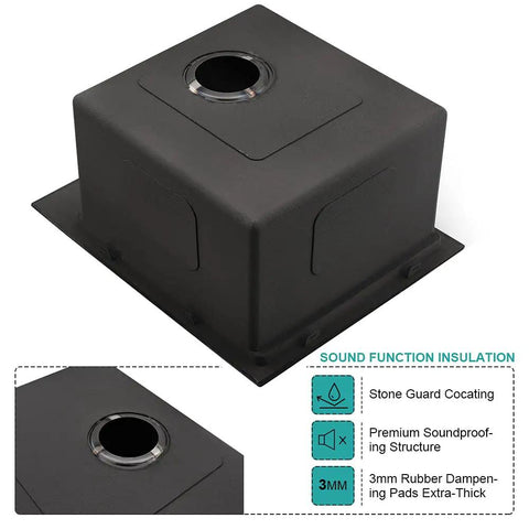 Rubber dampening pads for 15 Inch Drop-In Bar Sink Workstation, soundproofing features shown, black square base for installation.
