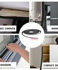 Knock Out Those Pesky Drafts With 1/2 Inch Wide 1/4 Inch Thick Single Sided Foam Tape, Closed Cell Weather Stripping For Doors And Windows, Flexible And Easy To Cut At 16.5 Feet Long, shown on table corner, door, window, cabinet door.