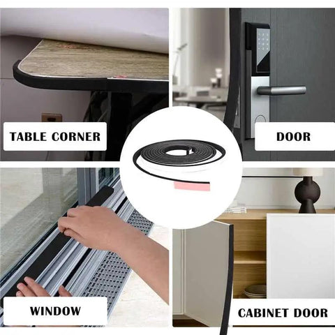 Knock Out Those Pesky Drafts With 1/2 Inch Wide 1/4 Inch Thick Single Sided Foam Tape, Closed Cell Weather Stripping For Doors And Windows, Flexible And Easy To Cut At 16.5 Feet Long, shown on table corner, door, window, cabinet door.