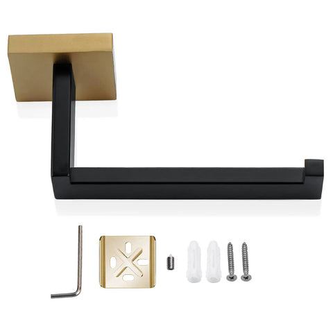 Black and gold wall mount holder with installation kit, part of the 3 Piece Stainless Steel Bathroom Hardware Set Rustproof SUS 304.
