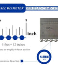Diagram illustrating 50ft 4.5mm Stainless Steel Ball Bead Chain 304 size, with measurement ruler and bead diameter details.