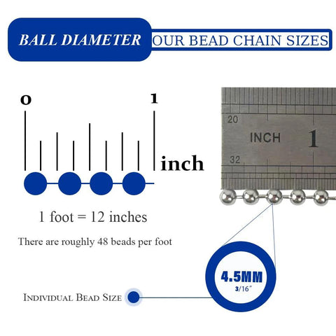 Diagram illustrating 50ft 4.5mm Stainless Steel Ball Bead Chain 304 size, with measurement ruler and bead diameter details.