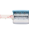 Three Hole Paper Punch Handheld for Office and School, 5 sheet capacity, metal body, blue color, top view of product with scrap collector