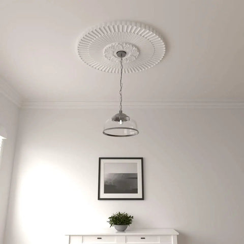 36 And One Quarter Inch Outside Diameter Ceiling Medallion With One Seven Eighths Inch Projection Fits Canopies Up To Six And A Quarter Inch Lightweight For Quick Install Dope Detailing Prime Ready For Paint Or Faux Finish installed around a pendant light in a modern room.
