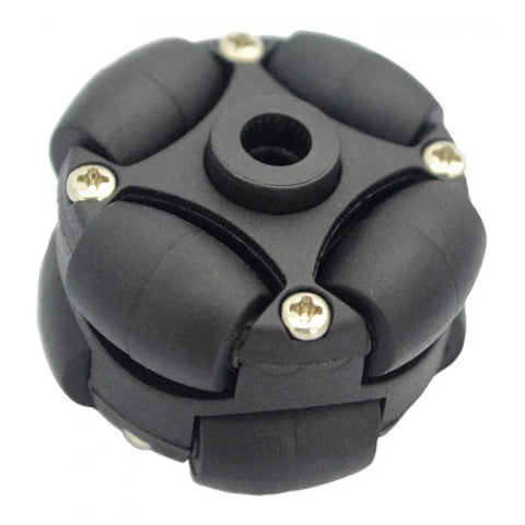 CoudarTitie 1.5in 38mm 90° Omni wheel close-up, toy, black plastic with central bore and screws