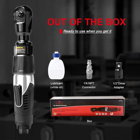 3/8 Inch Professional Air Ratchet Wrench Kit With 1/2 Inch Drive Adapter For Auto Maintenance, showing wrench, lubricant, connector, adapter, and box