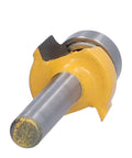 Get The Best Router Bit Set For Your Woodworking Projects With This 4 Piece Round Over Flush Trim Tool Kit Featuring Carbon Steel 1/4 Inch Shank Bits Perfect For DIY Smoothing Edges And Trimming Boards Like A Boss - close-up of a round over router bit with yellow collar.