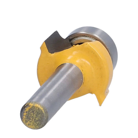Get The Best Router Bit Set For Your Woodworking Projects With This 4 Piece Round Over Flush Trim Tool Kit Featuring Carbon Steel 1/4 Inch Shank Bits Perfect For DIY Smoothing Edges And Trimming Boards Like A Boss - close-up of a round over router bit with yellow collar.