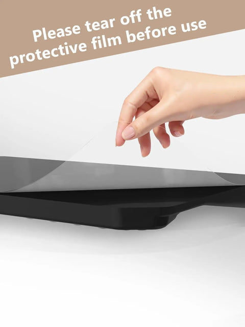 Hand removing protective film from 2-In-1 Ergonomic Keyboard Stand With Built-In Wrist Rest For All-Day Comfort, Black