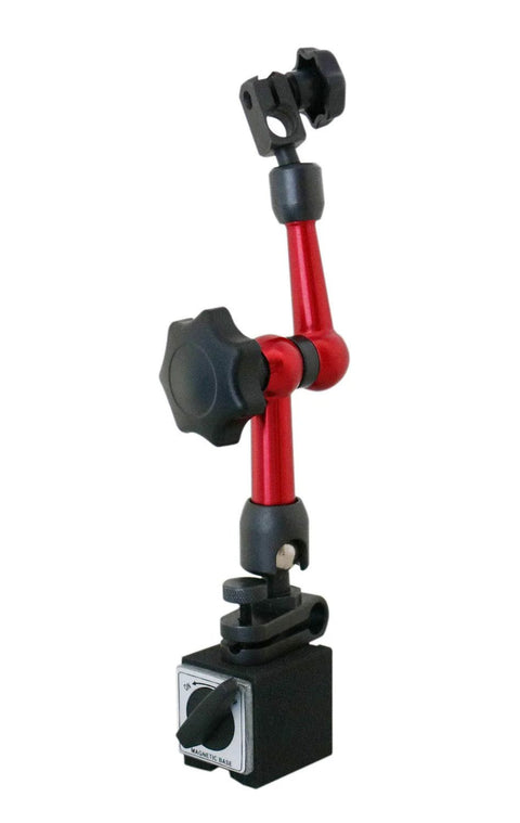 Dial indicator with red adjustable arm and magnetic base.