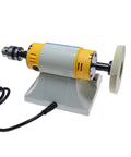 Slick 320W Desktop Bench Lathe And Polishing Machine With 10000 RPM Badass Motor Rock Solid For Diy Woodworking Jade Jewelry Cutting And Grinding Setup showing a compact benchtop lathe with polishing wheel.