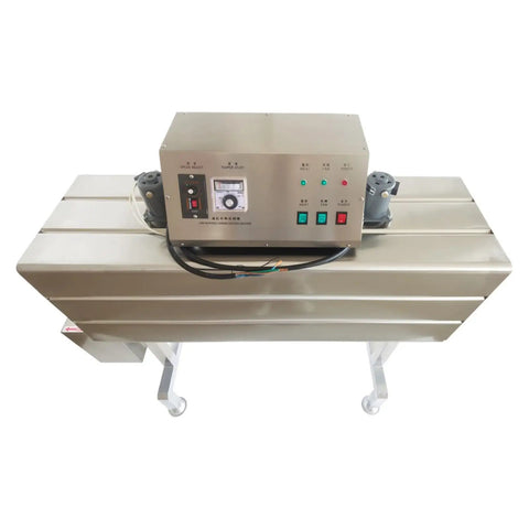 Dinenovate Automatic Heat Shrink Labeling Machine For Pvc Pp Pof Films Durable Stainless Steel Body with control panel and conveyor.